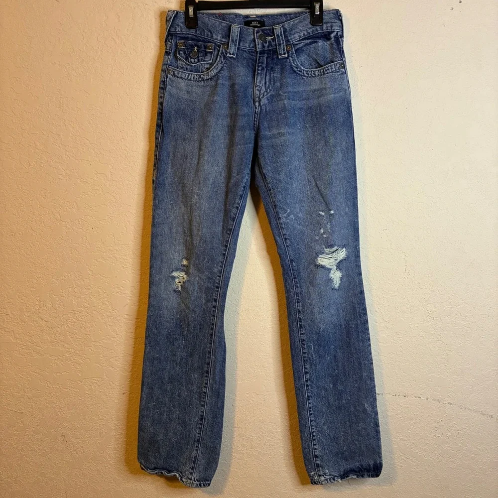 True Religion Ricky Relaxed Straight Distressed Blue Denim Jeans Mens Size 28x32